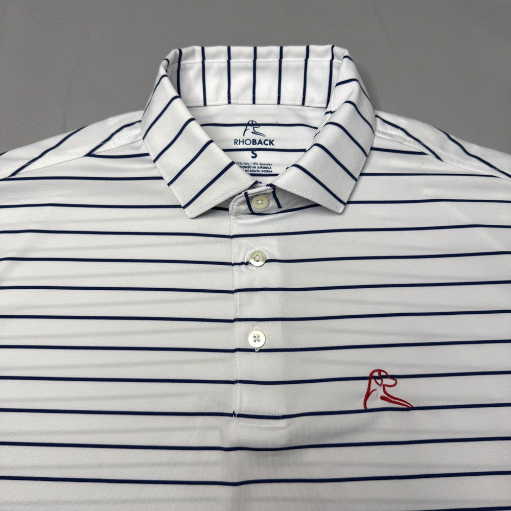 Rhoback Performance Golf Polo Shirt Mens S White Blue Striped Stretch Patriotic